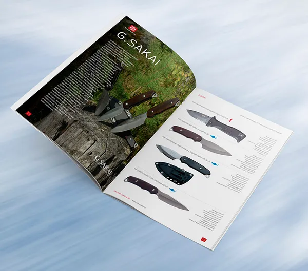 Имиджевый разворот каталога японских ножей для активного образа жизни
